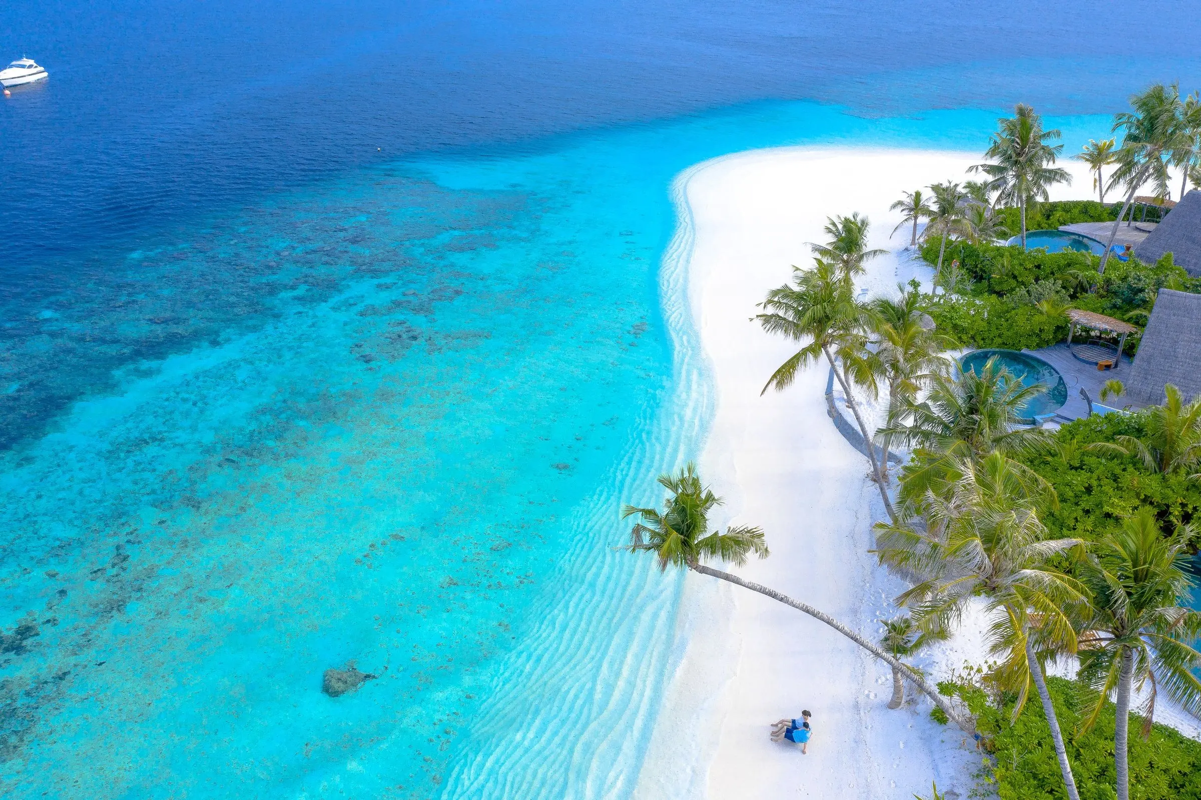 Tropische Insel aus der Luft: heller Sandstrand mit geneigten Palmen, davor türkisfarbenes Flachwasser mit Riff, dahinter tiefblaues Meer